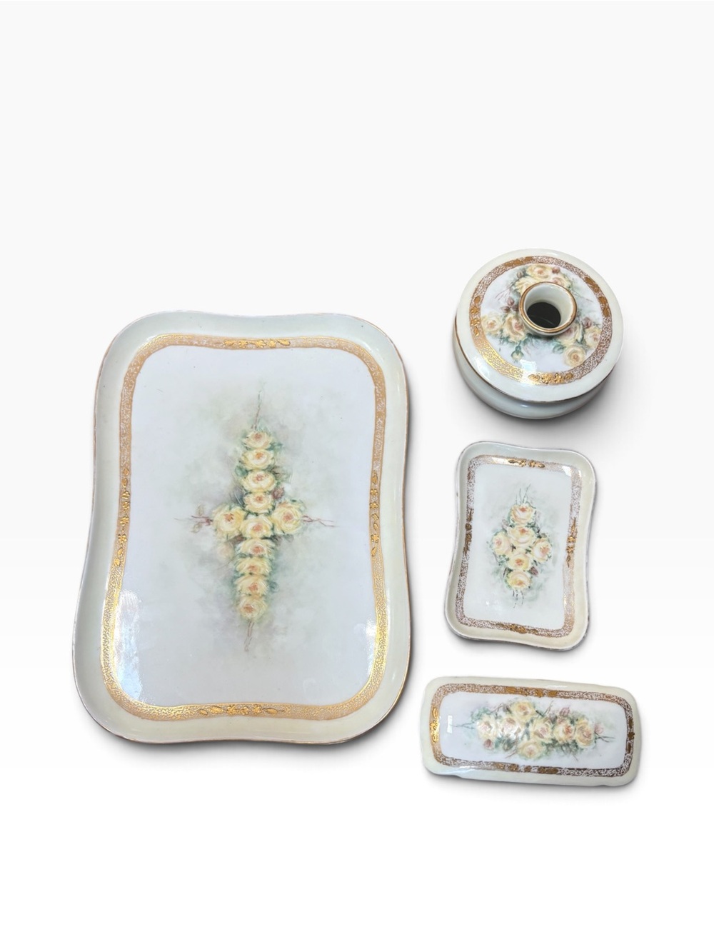 P&P France Limoges Porcelain Vanity Set -Tray, Box, Pin Tray & Hair Receiver